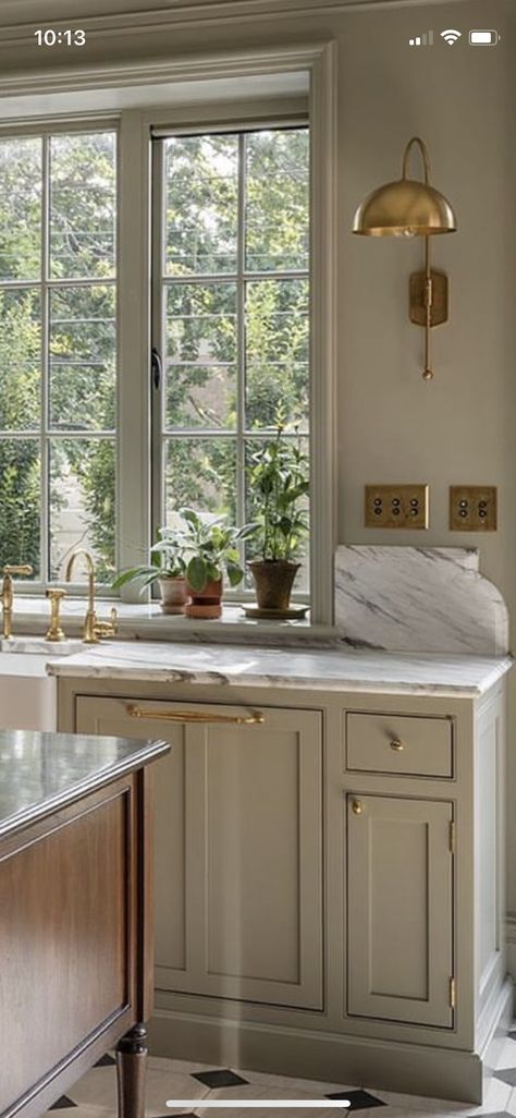 Stone Ledge Kitchen, Cotswold Green Kitchen, Sink In Bay Window Kitchen, Metal Shelving Kitchen, Range With Windows On Each Side, Stone Windowsill, Range Nook, Eyeswoon Kitchen, Marble Window Sill