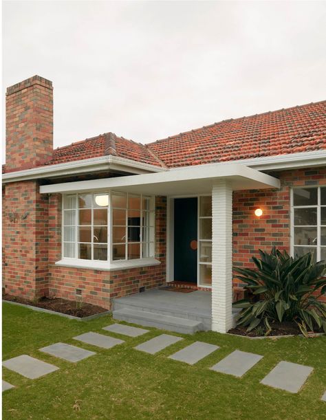 A Beautifully Functional Melbourne Family Home 1950 Australian House, Australian 60s Brick House, 1930s Australian House, 70s Brick House Exterior, 1960s Home Exterior, Brick House Interior Ideas, Australian Brick House Exterior Makeover, Australian Homes Exterior, Modern Red Brick House Exterior