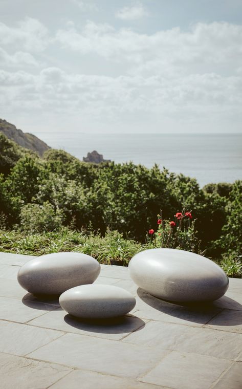 Pico-Pebble-Seats Stone Chairs Garden, Large Pebbles In Garden, Stone Chair Garden, Round Outdoor Seating, Pebble Shore Dulux, Pebble Seating, Pebble Furniture, Rock Seating, Stone Seating