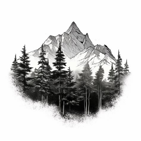 line art for a tattoo of mountains with trees in the fore-ground, very fine black line, clean line art, fine line ink drawing to be used as a tattoo outline, photorealistic Mountain Coverup Tattoo, Mountains And Forest Tattoo, Mountains With Trees Tattoo, Mountain Tattoo With Pine Trees, Mountain Forrest Tattoo Design, Tattoo Forest Mountain, Mountain Background Tattoo, Tattoos Mountains And Trees, Mountain And Pine Tree Drawing