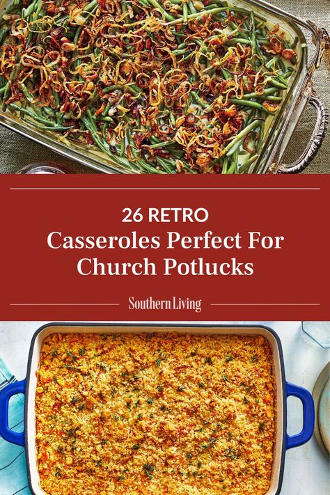 Potlucks have made their way to holiday gatherings and churches everywhere. A church potluck in the South is sure to be a big event filled with delicious homemade dishes, and we'd be lying if we said there's not a bit of competition involved. The best way to guarantee that your contribution will be a crowd-pleaser is by making one of these potluck casserole recipes. Whether you need a main dish or a side, casseroles are the perfect potluck idea because they're portable and easy to freeze if you have leftovers, which we'll admit, is rare. These easy-to-make and easy-to-take potluck casseroles will be enjoyed by church members of all ages. #recipeideas #potluck #casseroles #churchrecipes #dinners #retro Church Ladies Casserole, Church Potluck Side Dishes, Church Dinner Ideas Potluck Dishes, Church Casseroles Potlucks, Casseroles For A Crowd Main Dishes, Easy Casseroles For A Crowd, Potluck Casserole Recipes, Potluck Casserole, Church Potluck Recipes