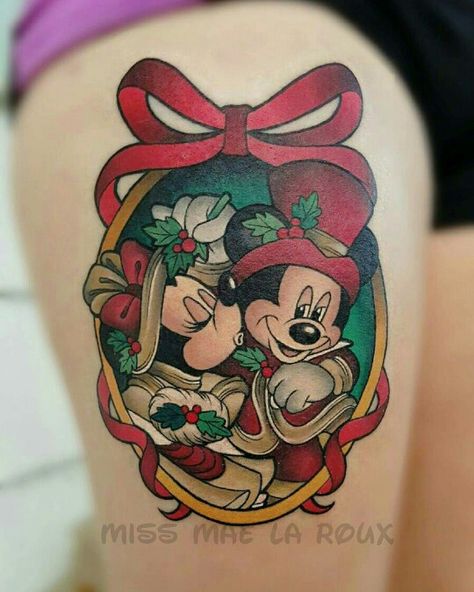 @disneytatts Christmas themed Mickey and Minnie Mouse by @missmaelaroux Mickey And Minnie Tattoos, Minnie Tattoo, Christmas Tattoos, Mickey Tattoo, Mickey Mouse Tattoo, Avengers Tattoo, Comic Tattoo, Mouse Tattoos, Christmas Tattoo