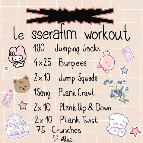 Aesthetic list of the le sserafim workout 🤍🎧✨ Sserafim Workout, Le Sserafim Workout, Kpop Workout, Bahasa Jepun, Workout List, Workout For Flat Stomach, Quick Workout Routine, Workout Without Gym, Body Workout Plan