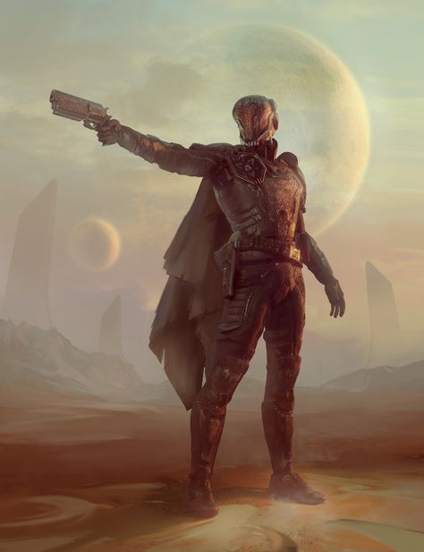 ArtStation - Gunslinger Gunslinger Fanart, Space Western Art, Sci Fantasy Art, Space Cowboy Concept Art, Fantasy Western Art, Sci Fi Gunslinger, Space Western Character, Space Gunslinger, Cyberpunk Gunslinger