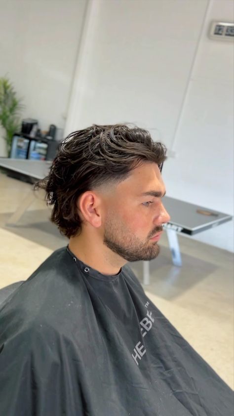 Men’s Haircut Modern Mullet, Mens Mullet Styles, Modern Guy Haircut, Mens Medium Length Mullet, Trendy Guys Haircut, Side Haircut For Men, Men’s Long Hairstyles Slick Back, Mid Taper Fade Mullet, Modern Mullet With Beard