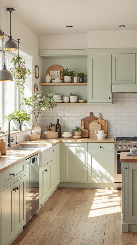 Eucalyptus Green Kitchen Cabinets, Kitchen With Sage Cabinets, Sage Green Kitchen Palette, Sage Green And Pine Kitchen, Kitchens Sage Green, White Kitchen With Green Cabinets, Green Wood Kitchen Cabinets, Green Rustic Kitchen Cabinets, Sea Green Kitchen Cabinets