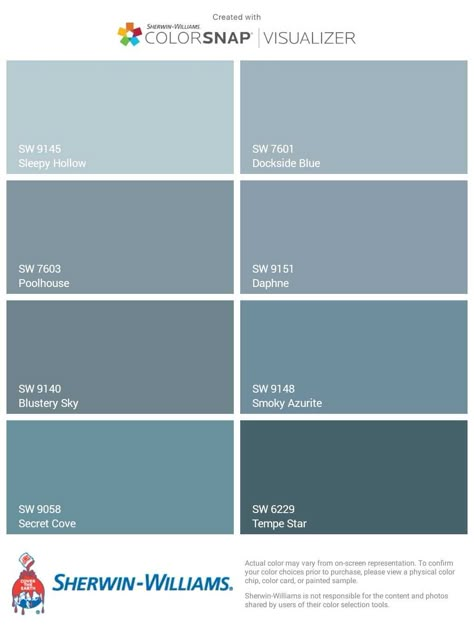 Pale Dusty Blues - Front Door Options - Sherwin-Williams Beach Blue Front Door, Sw Blue Exterior House Colors, Sw Secret Cove, Sw Dusty Blue, Dusty Blue Front Door Colors, Dusty Blue Wall Paint, Poolhouse Blue Sherwin Williams, Sherwin Williams Poolhouse Blue, Dusty Blue Kitchen Walls