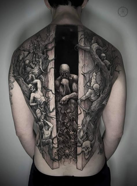 Horro Tattoos Sleeve, Demonology Tattoo, Dark Back Tattoos For Guys, Rotting Tattoo, Dark Tattoo Sleeve Men, Creepy Back Tattoos, Cerberus Back Tattoo, Pretty Tattoos For Men, Bone Back Tattoo