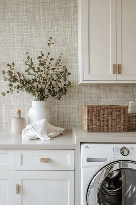 Laundry Room With Tile Wall, Colorful Laundry Room Wallpaper, Grasscloth Wallpaper Laundry Room, Trendy Laundry Room, Simple Farmhouse Laundry Room, Laundry Room With Backsplash, Utility Room Wallpaper Ideas, Simple Laundry Room Decor, Laundry Closet Wallpaper Ideas