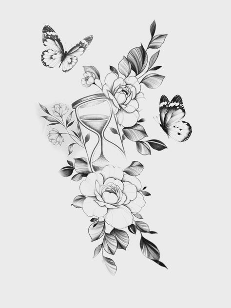 Rosalie Tattoo, Tato Jam, Jam Pasir, Freedom Drawing, Borboleta Tattoo, Butterfly With Flowers Tattoo, Rose Drawing Tattoo, Hip Thigh Tattoos, Hourglass Tattoo