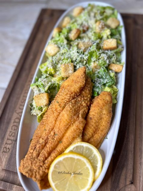 Meals By Desha - Fried Catfish Caesar Salad or Caesar... Catfish Pasta, Catfish Meals Sides, Frozen Catfish Recipes, Catfish Salad, Fried Catfish Dinner, Easy Fried Catfish, Frying Catfish, Catfish Dinner, American Deli