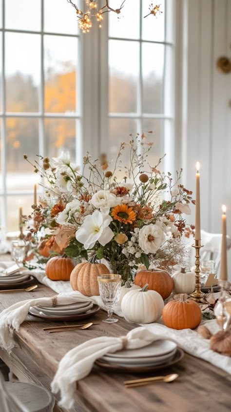 Cozy fall decor Autumn home styling Warm color palette Seasonal decorations Inviting fall ambiance Rustic fall accents Textured textiles Pumpkin decor ideas Autumn wreaths Candle arrangements Layered blankets Natural elements Earthy tones Decorative pillows Fall table settings Pumpkin And Candle Table Decor, Fall Decor Thanksgiving, Thanksgiving Table With Tablecloth, Fall Theme Table Decor, Table Scapes Thanksgiving, Fall Dinner Table Decor, Farmhouse Fall Table Decor, Fall Table Arrangements, Thanksgiving Table Settings Rustic