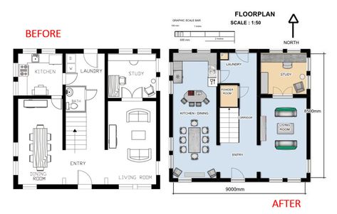 Floor Plan Before & After If it isn't a load-bearing wall, and it isn't necessary, get rid of it! From a closed kitchen to an open-concept kitchen with an island. How wonderful? Closed Off Kitchen Layout, Closed Concept Kitchen, Closed Kitchen Floor Plans, Closed Off Kitchen, Closed Floor Plan, Resort Concept, 3 Bedroom Home Floor Plans, Layout House, Kitchen With An Island