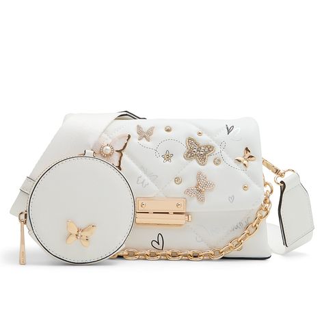 Aldo-Camberlyyx Crossbody Bag The Camberlyyx crossbody bag from Aldo adds charming appeal to your handbag collection. Featuring butterfly appliques and metallic accents for the perfect balance of sassy and sweet. Aldo Purses, Handbag Collection, Small Crossbody Bag, Small Crossbody, Metallic Accents, White Bag, Appliques, Crossbody Bag, Handbags