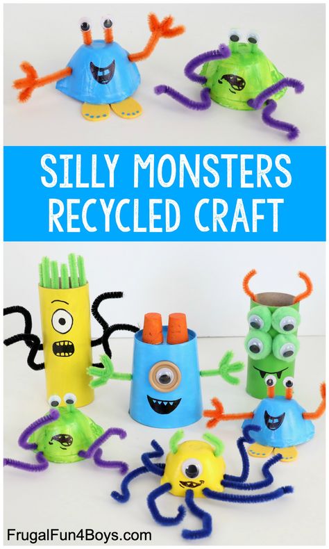 Silly Monster Craft for Kids - Fun craft idea with recycled materials. Create monsters from egg cartons, paper rolls, pipe cleaners, and other simple supplies. Pipe Cleaner Crafts For Kids, Silly Monsters, Crazy Faces, Year Challenge, Recycled Crafts Kids, Monster Craft, Cardboard Rolls, Monster Crafts, Cadeau Parents