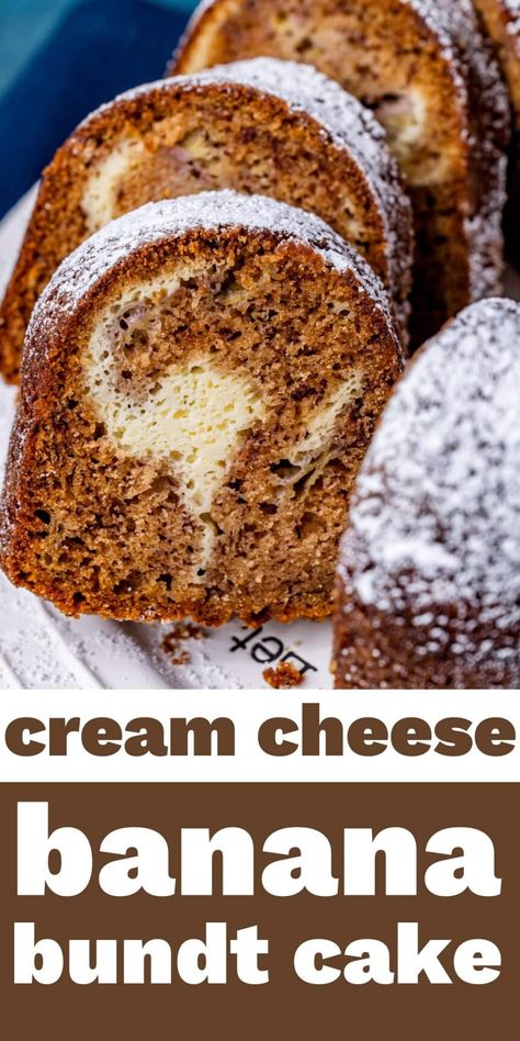 Love banana bread and cheesecake? Try this banana cream cheese bundt cake with a hint of cinnamon and a dusting of powdered sugar. Banana Bread Cream Cheese, Bundt Cake Mix, Banana Cream Cheese, Cake With Cream Cheese Filling, Mini Bundt Cakes Recipes, Cream Cheese Bundt Cake, Easy Bundt Cake Recipes, Cream Cheese Pound Cake Recipe, Banana Bundt Cake