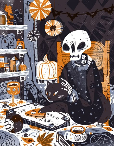 PUMPKINROT.COM: What's Brewing: Mischief Night Halloween Illustration, A Skeleton, Art Et Illustration, All Hallows Eve, Samhain, Hallows Eve, Illustration Inspiration, Halloween Art, 그림 그리기