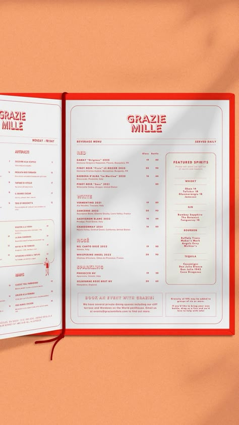 One of twenty designs in our Grazie Mille menu template suite for Canva! Inspired by our love for retro Italian café brands, this is a versatile and mod template set made for restaurants and bars. Menu Presentation Ideas Restaurant, Wine Bar Menu Design, Cocktail List Menu Design, Restaurant Menu Designs, Menu Design Inspiration Creative, Drinks Menu Design Ideas, Service Menu Design, Cocktail List Menu, Italian Restaurant Menu Design