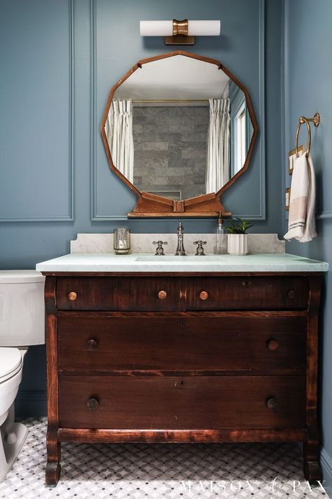 Want to turn a dresser into a vanity? Find out how to convert a vintage dresser into a bathroom vanity with this step by step tutorial! #diy #bathroominspo Dresser Sink Vanity, Diy Home Decor For Renters, Dresser Sink, Home Decor For Renters, Decor For Renters, Dresser Vanity Bathroom, Living Room Decor Diy, Vintage Bathroom Vanity, Home Decor For Apartments