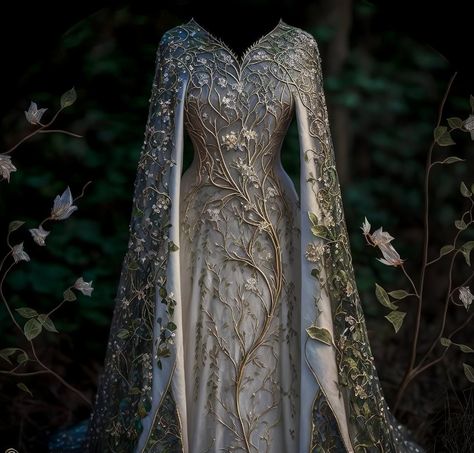 Gown with ivy design. Elvish Dresses Fantasy Gowns, Fanasty Dresses, Royal Dresses Queens Fantasy, Mystical Dresses, Elven Gown, Elvish Dress, جورج حبيقة, Dress Armor, Black Rabbit