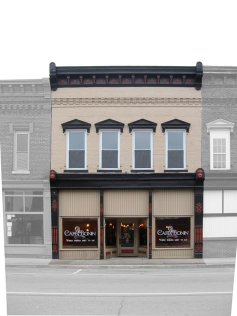 Cafe Bonin, Main Street Campbellsville, KY--one of the newer and most charming eating places in my hometown Main Street Building Facade, Exterior Paint Colors For Business Store Fronts, Downtown Building Exterior, Boutique Exterior Store Fronts, Black Building, Shop Facade, Storefront Design, Building Renovation, Paris Cafe