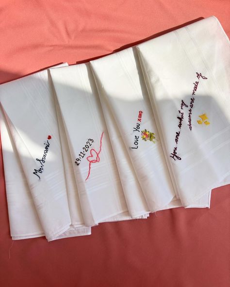 Our custom handkerchiefs are only for happy tears! 🥹 . . . #customembroidery #embroidersofchennai #chennaibased #handembroidery #chennaibasedembroidery #chennaiembroidery #giftideas #giftsforhim #artbychahat Diy Hankies, Embroidery Birthday Gift Ideas, Hanky Embroidery, Handkerchief Embroidery, Hand Embroidered Gifts, Simple Hand Embroidery Patterns, Basic Embroidery, Birthday Gifts For Boyfriend Diy, Sewing Projects Clothes