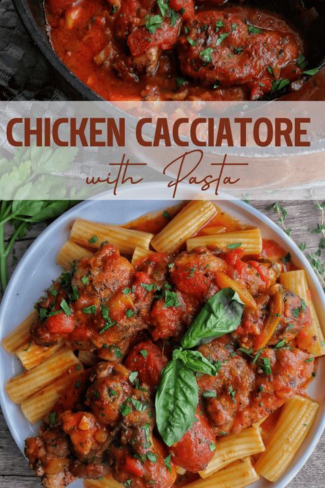 This Chicken Cacciatore is a rustic stew of chicken thighs, tomatoes, vegetables and fresh herbs topped over rigatoni. Chicken Cacciatore, Bowtie Pasta, Cooking For One, Rigatoni, Sunday Dinner, Italian Seasoning, Chicken Thighs, Fresh Herbs, Pasta Dishes