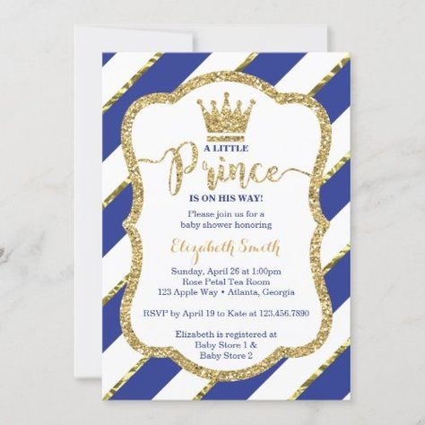 $2.45 | Little Prince Baby Shower Invite, Faux Glitter Invitation #babyshowerinvitation #crown #gold #littleprince #littleprincebabyshower #boy #blue #babyblue #royalblue #littleprincebabyshowerinvitation Invitacion Baby Shower Originales, Prince Birthday Invitations, Prince Baby Shower Theme, 15 Invitations, Little Prince Party, Prince Baby Shower Invitations, Prince Birthday Party, Baby Boy Shower Invitations, Prince Theme