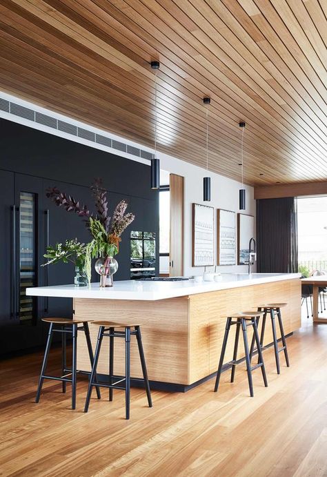 Timber Battens, Timber Ceiling, Homes To Love, Contemporary Coastal, Classic Kitchen, Contemporary Kitchen Design, Kitchen Benches, White Cabinetry, Kitchen Cabinetry