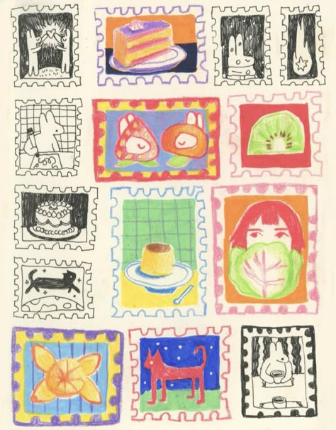 iiwaken Sticker Inspo Artwork, Visual Journal Collage, Things To Scrapbook, Funky Doodles Drawings, Funky Sticker, Funky Illustrations, Cool Art Prints, Abstract Colorful Art, Stamp Drawing