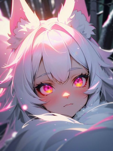 White Fox Art Anime, Cute Anime Pfp Pink Kawaii, Fox Girl Pfp, Anime Winter Pfp, Fox Anime Character, Fox Girl Character Design, Kitsune Girl Art, White Haired Female Character Art, Anime Fox Ears