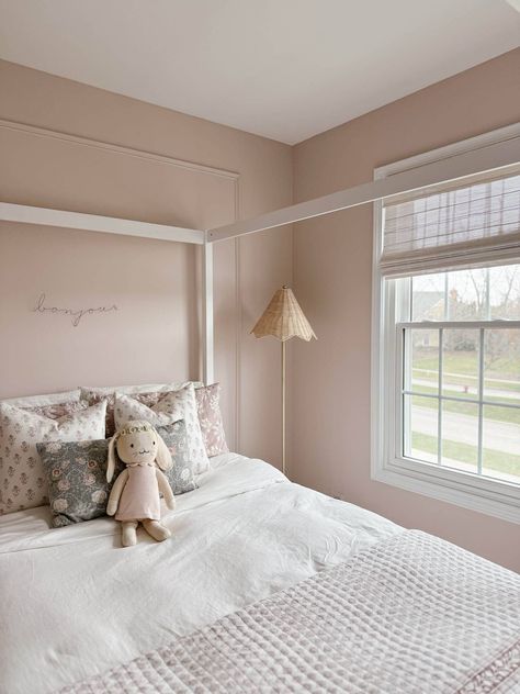 Create the perfect pink girl's bedroom with Sherwin Williams' Abalone Shell paint and a stunning white wood canopy bed. Pink Toddler Bedroom, Pink Toddler Rooms, White Canopy Bed, Wood Canopy Bed, Pink Bedroom For Girls, Toddler Bedroom, Toddler Girl Room, White Canopy, Kid Rooms