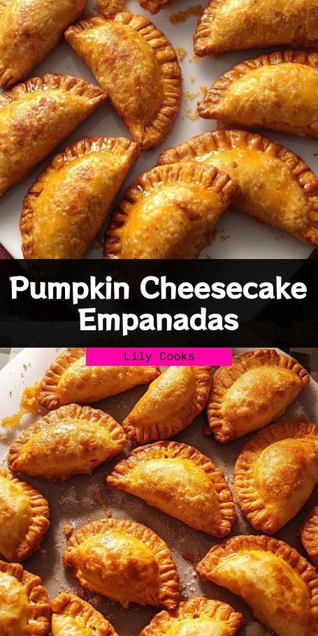 Pumpkin Cheesecake Empanadas with Caramel - Recipe for delicious pumpkin cheesecake empanadas with caramel drizzle. Perfect for fall baking and satisfying your sweet tooth. #PumpkinLove #FallBaking #CheesecakeDelight #EmpanadaTwist #SweetToothSatisfaction #BakingJoy #PumpkinCheesecake #FallFlavors #HomemadeGoodness #DessertGoals Cheesecake Empanadas, Sweet Empanadas Recipe, Pumpkin Empanadas, Lemon Blueberry Cookies, Spice Cheesecake, Pumpkin Spice Cheesecake, Banana Bread Loaf, Banana Chocolate Chip Cookies, Blueberry Cookies