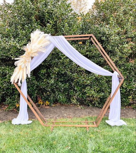 Simple Hexagon Wedding Arch, Hexagon Arch Draping, Hexagon Wedding Arch Flowers And Drapery, Hexagon Wedding Arch With Drapery, Octagon Arbor, Hexagon Arbor, Wedding Backdrop Ceremony, Backyard Soiree, Hexagon Backdrop