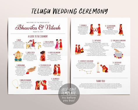 Buy Editable Telugu Ceremony Program Telugu Wedding Program Online in India - Etsy Fun Wedding Programs, Wedding Invitation Posters, Ceremony Program Template, Newspaper Wedding Programs, Wedding Infographic, Anchor Wedding, Unique Wedding Programs, Hindu Wedding Ceremony, Wedding Newspaper