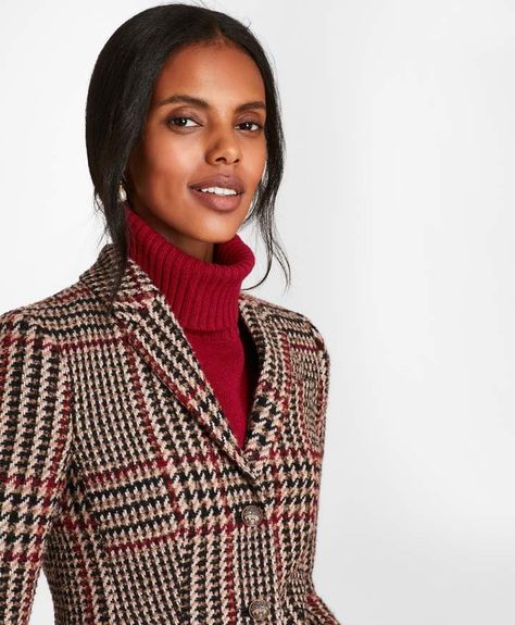 Brooks Brothers Petite Plaid Wool-Alpaca-Blend Jacket Brooks Brothers Women, English Country Style, Trench Dress, Brass Buttons, Professional Wardrobe, Red Fleece, English Style, Elbow Patches, Loro Piana