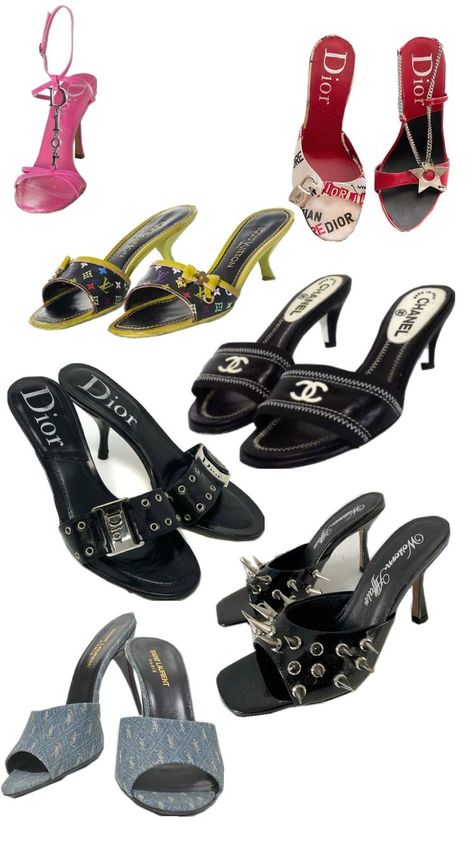 Dior, chanel, lv, etc Follow for more y2k fashion fun Designer Shoes Aesthetic, Early 2000s Shoes, 2000s Shoes, Y2k Early 2000s, Shoes Aesthetic, Early 2000s, Y2k Fashion, Follow For More, Designer Shoes