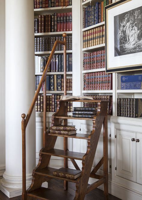 Kenney Farm- Portfolio - Ginger Barber Interior Design, Houston, Texas Library Ladder, Library Bookshelves, American Farmhouse, Library Wall, White Cabinetry, Home Libraries, Luxe Interiors, Antique Interior, Home Library