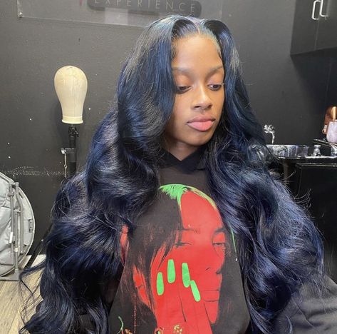 Midnight Blue Hair, Waterfall Braid Hairstyle, Dark Blue Hair, Frontal Wig Hairstyles, Birthday Hairstyles, Girls Natural Hairstyles, Hot Hair Styles, Hair Laid, Dope Hairstyles