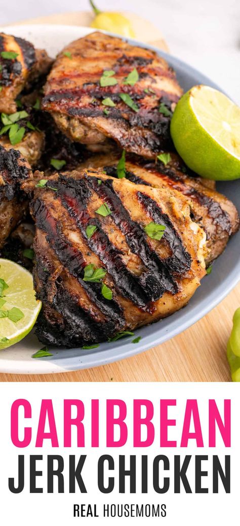 Smoky, spicy Jamaican Jerk Chicken turns your backyard grill into a Caribbean vacation! You’ll flip for this easy, authentic island recipe! #RealHousemoms #jerkchicken #carribean #chicken #chickenthighs #scotchbonnet #pineapple #lime #ginger #garlic #grilling #cookout #tailgating Jerk Chicken Recipe, Jamaican Jerk Chicken, Backyard Grill, Caribbean Jerk Chicken, Jamaican Dishes, Easy Recipes For Breakfast, Breakfast Appetizers, Jamaican Jerk, Caribbean Vacation