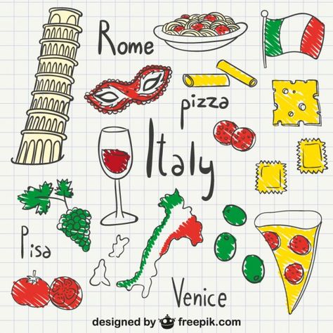 Italy drawings pack Free Vector Language Icon, Italian Flag Colors, Italy Illustration, Countries And Flags, Italy Landscape, Italy Flag, Vector Food, Italian Flag, Italy Map