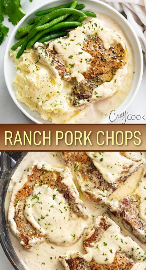 These Ranch Pork Chops have juicy pork chops smothered in a creamy and flavorful ranch sauce. This is an easy dinner idea to serve with mashed potatoes and veggies! Bacon Ranch Pork Chops, Pork Chop Cream Of Chicken, Pork Chop With Sauce, Pork Loin Pork Chops Recipes, Ranch Cream Sauce, Pork Chops And Mashed Potatoes, Pork Mashed Potatoes, What Goes With Pork Chops, White Meat Dinner Ideas