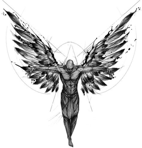 Angel Sketch Tattoo, Sketch Style Tattoos Designs, Sketch Style Tattoos, Greek Mythology Tattoos, Angel Tattoo Designs, Chest Piece Tattoos, Back Tattoos For Guys, Sketch Tattoo Design, Śliczne Tatuaże