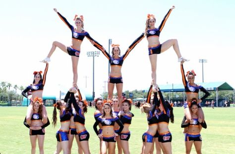 PYRAMID: Two or more stunts connecting together, usually creating a visual effect with different heights and patterns. Stunts during sideline are usually static, whereas in competitive cheerleading they include multiple transitions and create an ongoing dynamic effect for up to approx 45 seconds #Cheerleading #Cheer #Stunt #Pyramid #CheerWordOfTheWeek Cheer Pyramids, Cheerleading Pyramid, Cool Cheer Stunts, Cheerleading Pyramids, Cheerleading Workouts, Cheer Team Pictures, Cheer Tryouts, Youth Cheer, Cheer Photography