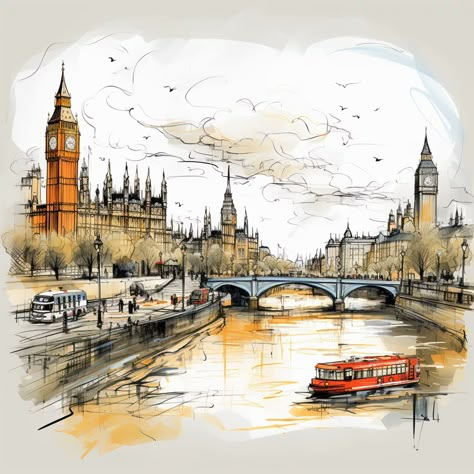 This lively artwork blends classic and contemporary styles to beautifully capture London's River Thames, historic Big Ben, and vibrant city life in dynamic sketch-like lines and bursts of color. #London #RiverThames #HousesOfParliament #BigBen #DoubleDeckerBus #BlackCab #RedRiverboat #Skyline #Contemporary #Sketch #Dynamic #Iconic #Historic #Vibrant #CityLife #Waterway #GoldenHues #SteelGray #Seagulls #Motion #Energy #Panorama #Architecture #Artistic #Exhibition Contemporary Sketch, Motion Energy, Houses Of Parliament, Vibrant Artwork, River Boat, River Thames, A Level Art, Sense Of Place, Urban Sketching