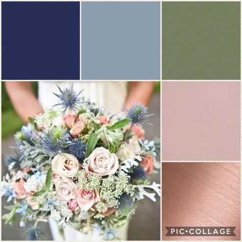 Navy blue, dusty blue, sage, dusty pink & rose gold wedding Dusty Blue Sage Green Mauve Wedding, Wedding Schemes, Bridal Themes, Sage Green Wedding Colors, Pink Wedding Colors, Colour Themes, Wedding Color Ideas, Gold Wedding Colors, Wedding Motifs