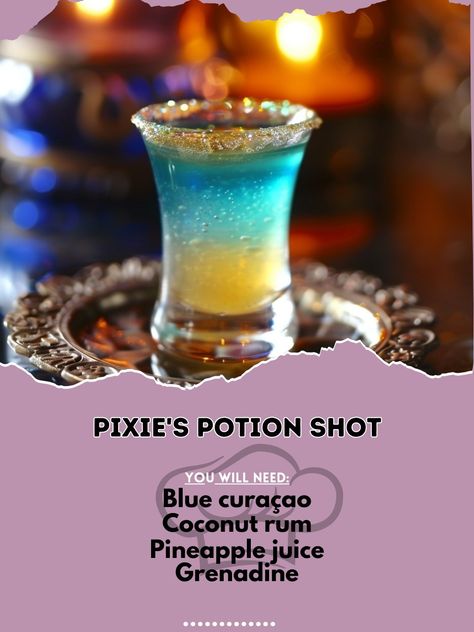 🧚‍♂️ Get enchanted with Pixie's Potion Shot! ✨ #MagicalShots #FantasyFlavors Pixie's Potion Shot Ingredients: Blue curaçao (1/2 oz) Coconut rum (1/2 oz) Pineapple juice (1/2 oz) Grenadine (dash) Edible glitter (for garnish) Instructions: Layer blue curaçao, coconut rum, and pineapple juice in a shot glass. Add a dash of grenadine for a magical effect. Garnish with edible glitter. Let the magic begin! 🧚‍♀️🍍✨ #PixieMagic #MagicalShots #RecipeInspire Potion Alcohol Drink, Themed Alcoholic Drinks, Fantasy Drinks, Creative Alcoholic Drinks, Rum And Pineapple Juice, Halloween Beverages, Beautiful Drinks, Halloween Recipes Drinks, Boozy Treats