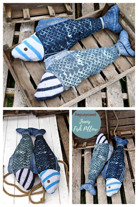 Fish Shaped Pillow, Fabric Art Diy, Pillows Design, Denim Pillow, Fish Pillow, Fabric Fish, Repurposed Denim, Vbs 2024, Fabric Sewing Patterns