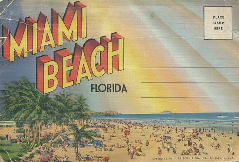 Miami Beach postcard booklet cover Florida Miami Beach, Miss 60, Miami Posters, Miami Beach Florida, Old Florida, Postcard Design, Vintage Beach, Room Posters, Vintage Postcard