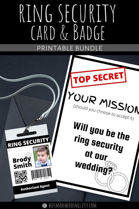 Give your ring bearer a special top secret mission on your wedding day by asking them to be your ring security! This bundle is the perfect way to ask your godchild, nephew, son, etc. to be the ring security for your wedding. It includes the printable top secret mission card and a Canva template to create and customize his very own ring security id badge (complete with picture!) to use on your wedding day, making for some pretty great photo ops! Perfect for the DIY bride or one short on time! Security Badge, Secret Mission, Ring Security, Diy Bride, Groomsmen Proposal, Diy Brides, Top Secret, Niece And Nephew, Ring Bearer